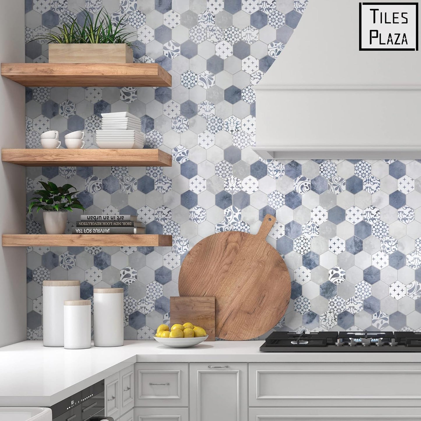 The Tiles Plaza 10-Sheet Peel and Stick Backsplash, Blue Cement Hexagon Stone Composite Marble Looks Self Adhesive Wall Tile, Stick On Tiles for Kitchen Bathroom Shower, Cover 9 Sq Ft.