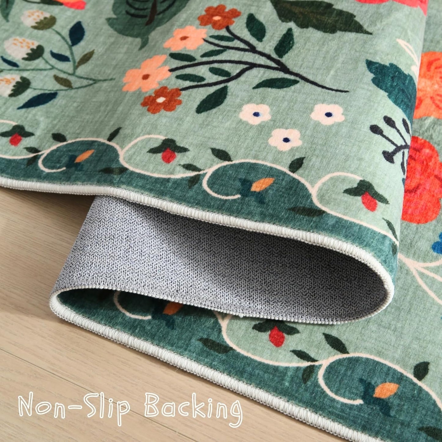 Rugcomf Living Room Rug 5x7 Rug Machine Washable Boho Area Rug Non Slip Floral Vintage Low Pile Large Rugs for Living Room, Bedroom, Farmhouse, Dining Room, Kids Playroom(Green)