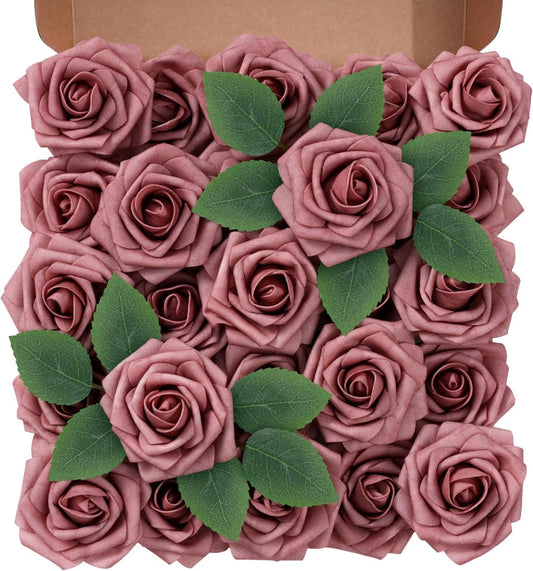 Artificial Flowers Foam Fake Roses 25pcs Dusty Rose Faux Roses with Stems for Home Decor DIY Wedding Bouquets Party Bridal Shower Centerpieces Faux Flower Arrangements Tables Decorations