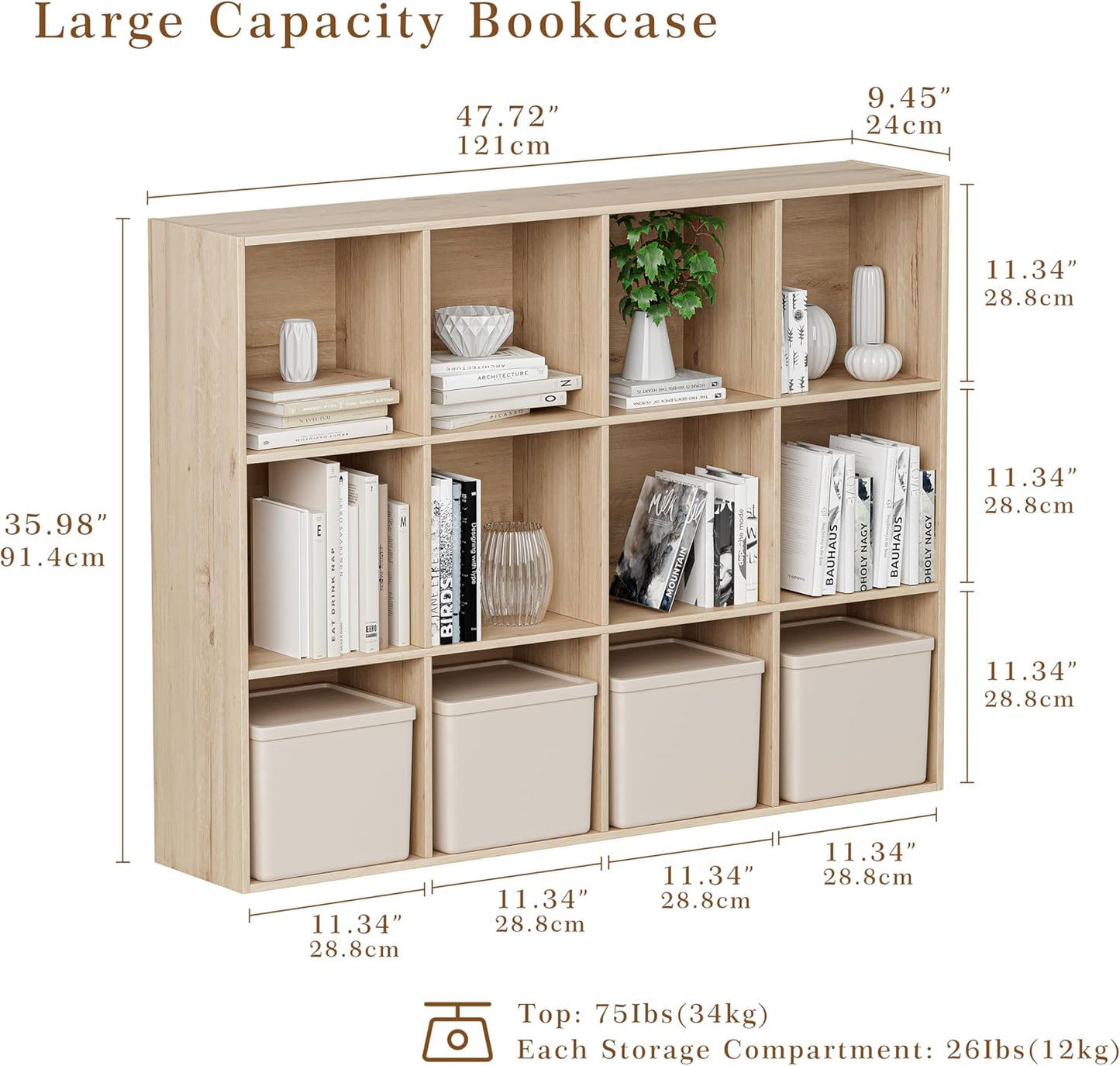 Wooden Cube Storage Organizer with Closed Back Panel, 11in Cube Shelf Opening, Bookshelf, Display Shelf,Closet Cabinet for Home and Office (White Oak, 12-Cube 35.98L*9.45W*47.72H)
