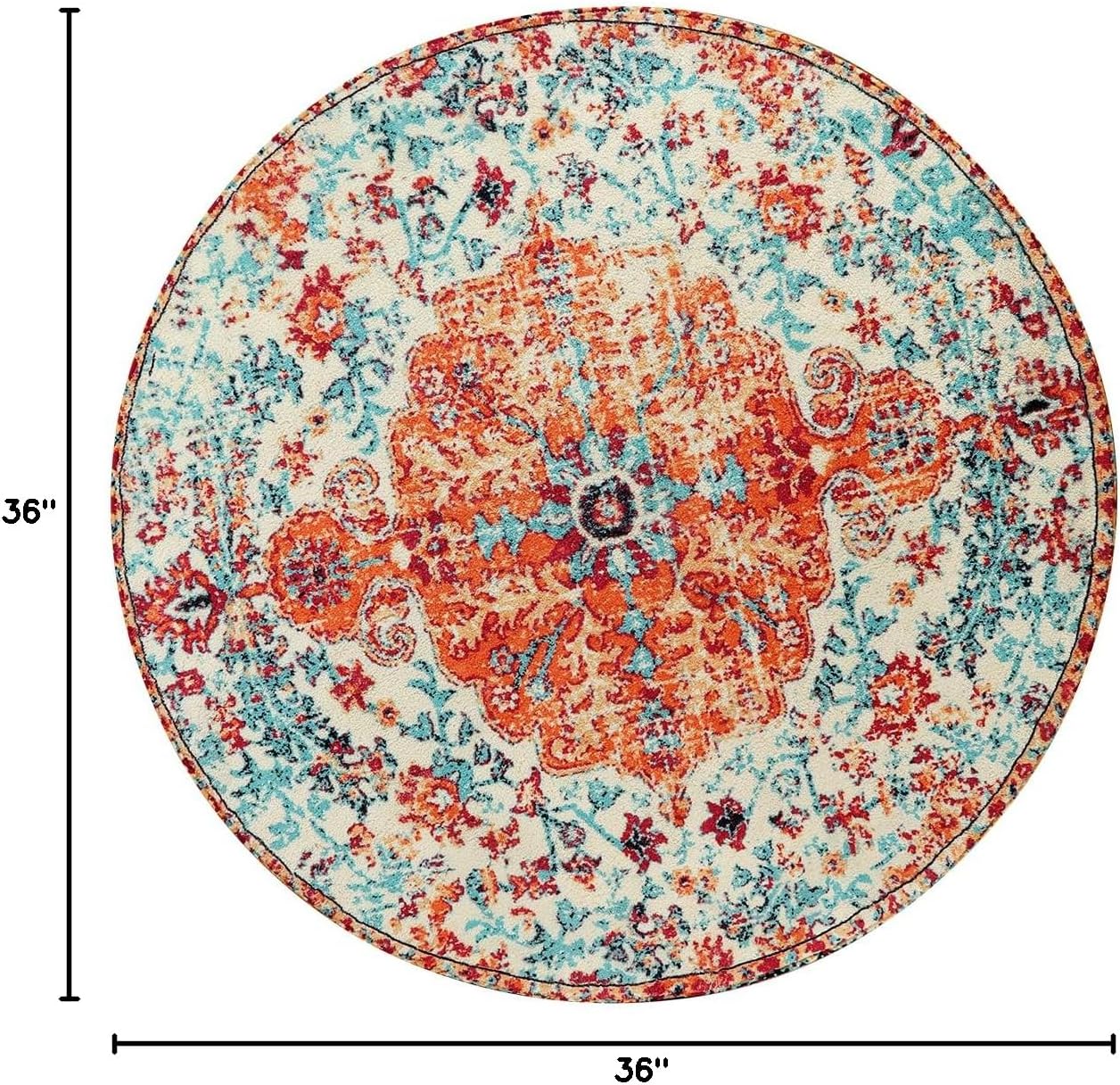 Lahome Bohemian Floral Medallion Round Rug - 3Ft Oriental Distressed Small Round Area Rug Vintage Washable Entryway Foyer Mat Non-Slip Non-Shedding Low-Pile Sofa Bathroom Carpet, Orange/Multi