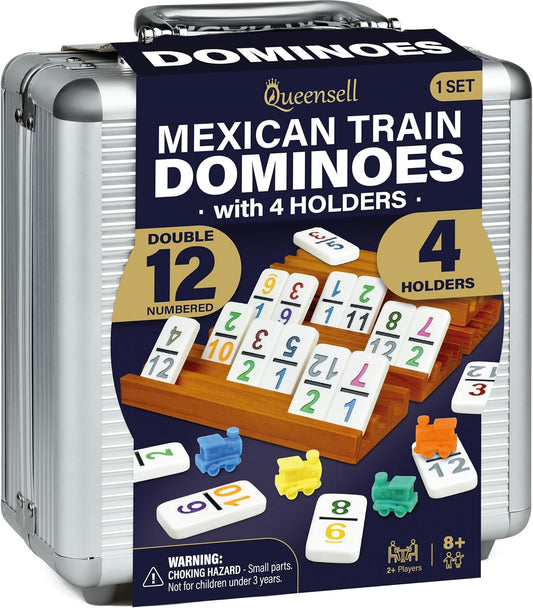 Queensell Mexican Train Dominoes Set with Numbers and 4 Holders - Wooden Hub and Domino Holders - Double 12 with Numbers (D12 Numbers + 4 Holders)