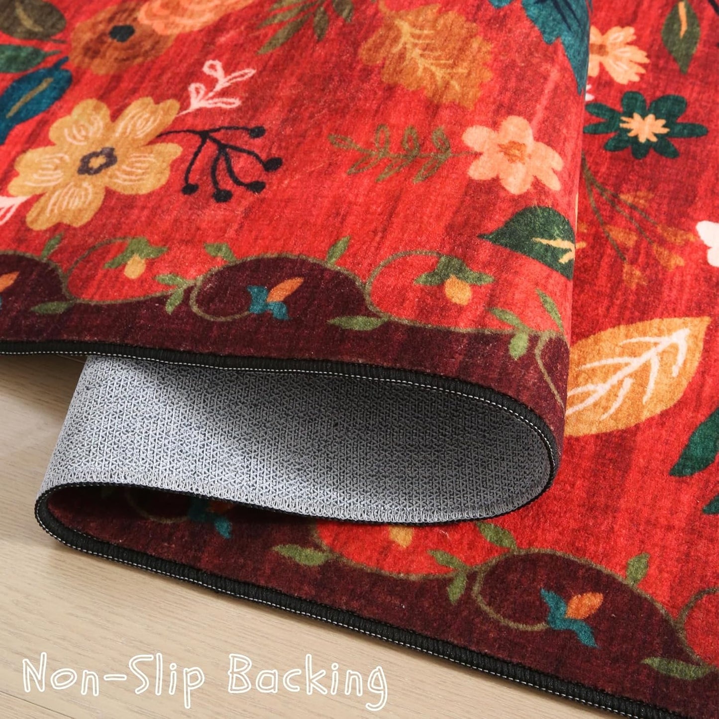 Rugcomf Door Mat Indoor Entrance 2x3 Rug Machine Washable Boho Floral Small Area Rug Non-Slip Low Pile Throw Rugs for Entryway, Kitchen, Front Door Indoor Entrance, Entry, Kids Room (Red)