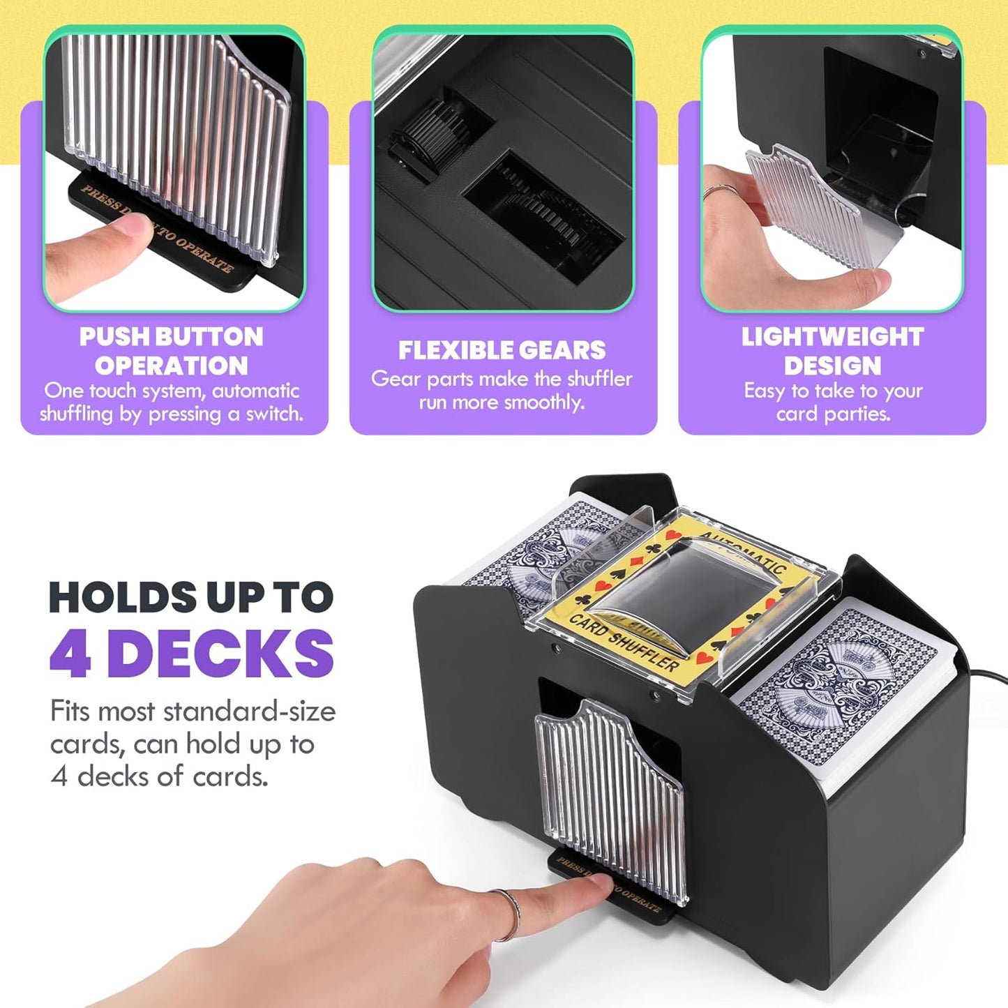 Card Shuffler 4 Deck Automatic, USB-Power & Battery-Operated Electric Shuffler Machine, Playing Card Shuffler for UNO,Poker,Home Card Games