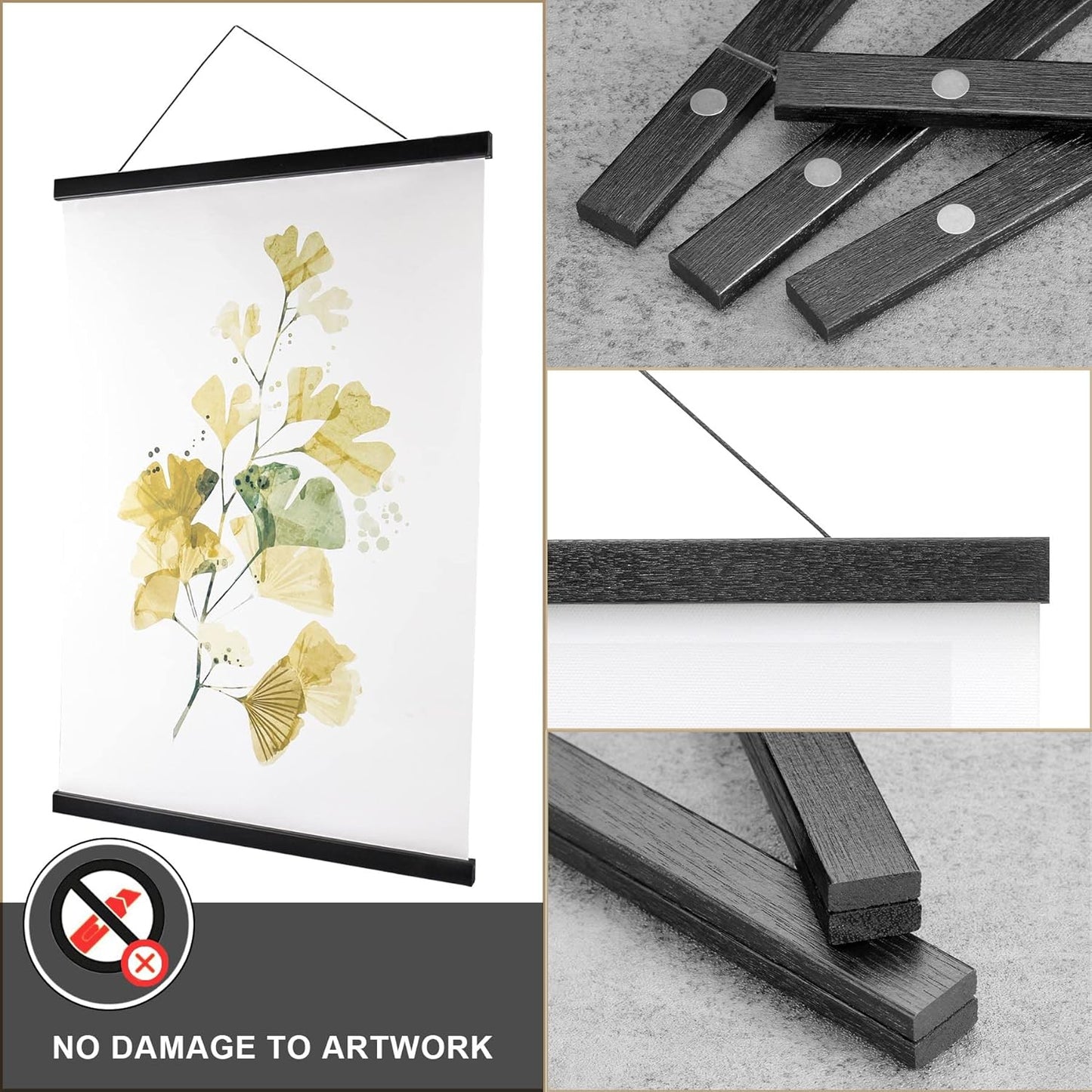 WITCOLOR Magnetic Poster Hanger Frame, 24x36 24x30 24x16 24x18 Black Wood Wooden Magnet Canvas Artwork Print Dowel Poster Hangers Frames Hanging Kit (Black, 24")