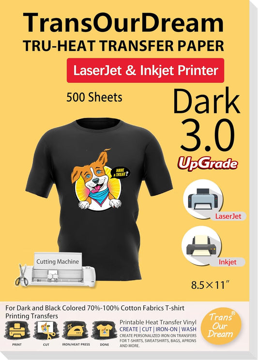 TransOurDream Tru-Heat Transfer Paper for Inkjet & Laserjet Printer (500 Sheets, 8.5x11", Dark 3.0) Printable HTV Heat Transfer Vinyl for T Shirts Iron on Transfers for Dark Fabrics