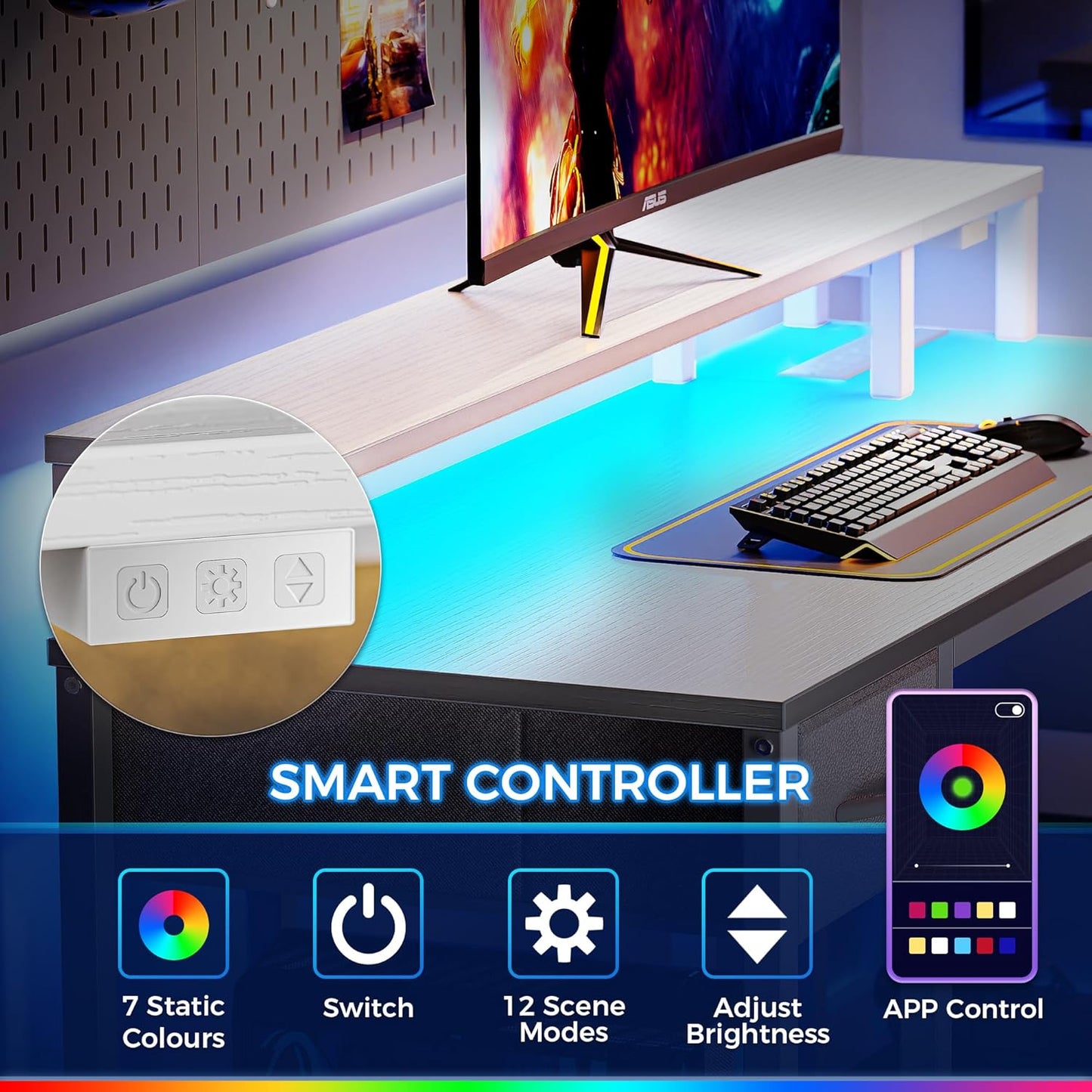 SUPERJARE 53 inch Reversible L Shaped Desk with LED Lights & Power Outlets, Computer Desk with Shelves & Monitor Stand, Gaming Desk with Drawer, Home Office Desk Corner Desk, PU White Drawer