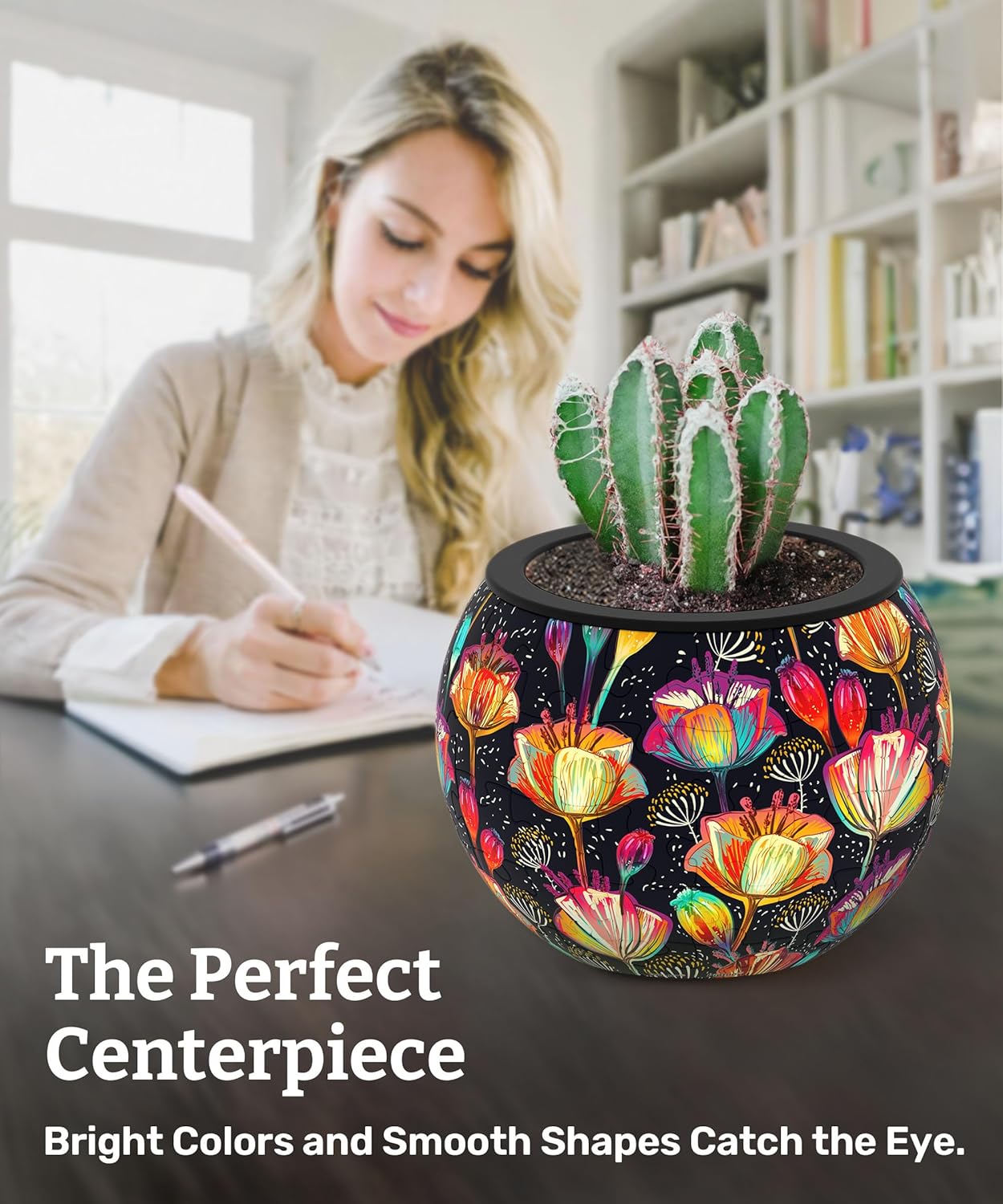 PieceRelax 3D Puzzle Planter 80 Pieces - Flower Pot - Colorful Poppies, Home Decor Flower Pots for Indoor Cactus, Succulents Pots [K1118]