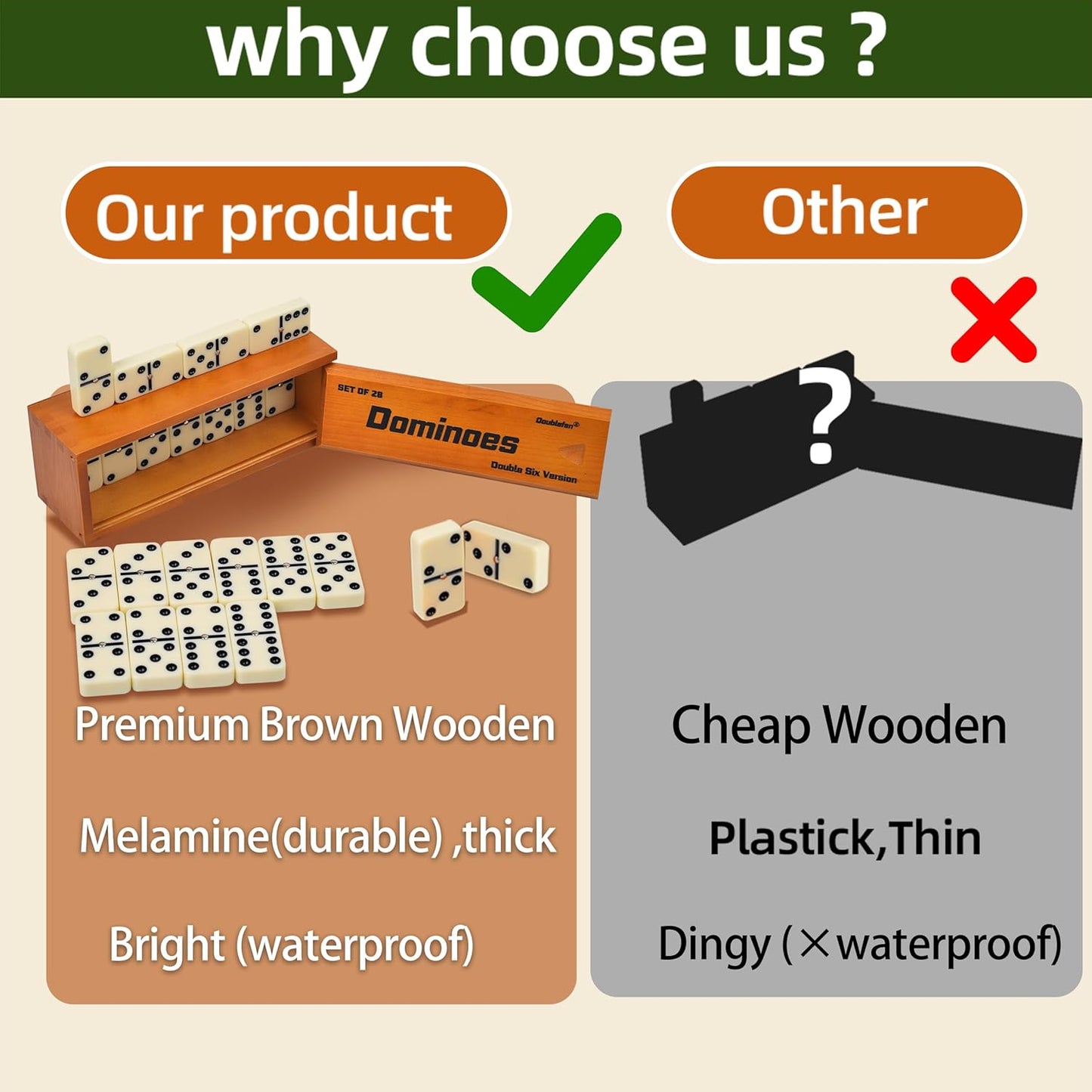 Dominos Set for Adults, Jumbo Size Double 6 Dominoes Set, Classic Board Game for Adults and Elderly, Double Six Thick Size Domino with Spinner 28 Tiles in Exclusive Brown Wooden Box.