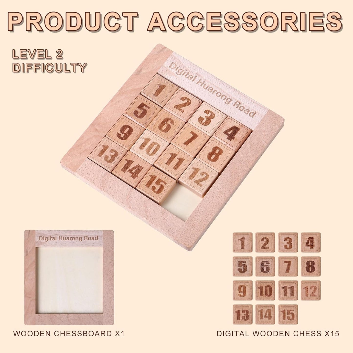 Wooden Number Sliding Puzzle，Brain Teasers Toy Tangram Slide Puzzle Game，Sequential Puzzles Board Game，Educational Toys for Kids and Adults (1-15 Medium Size)