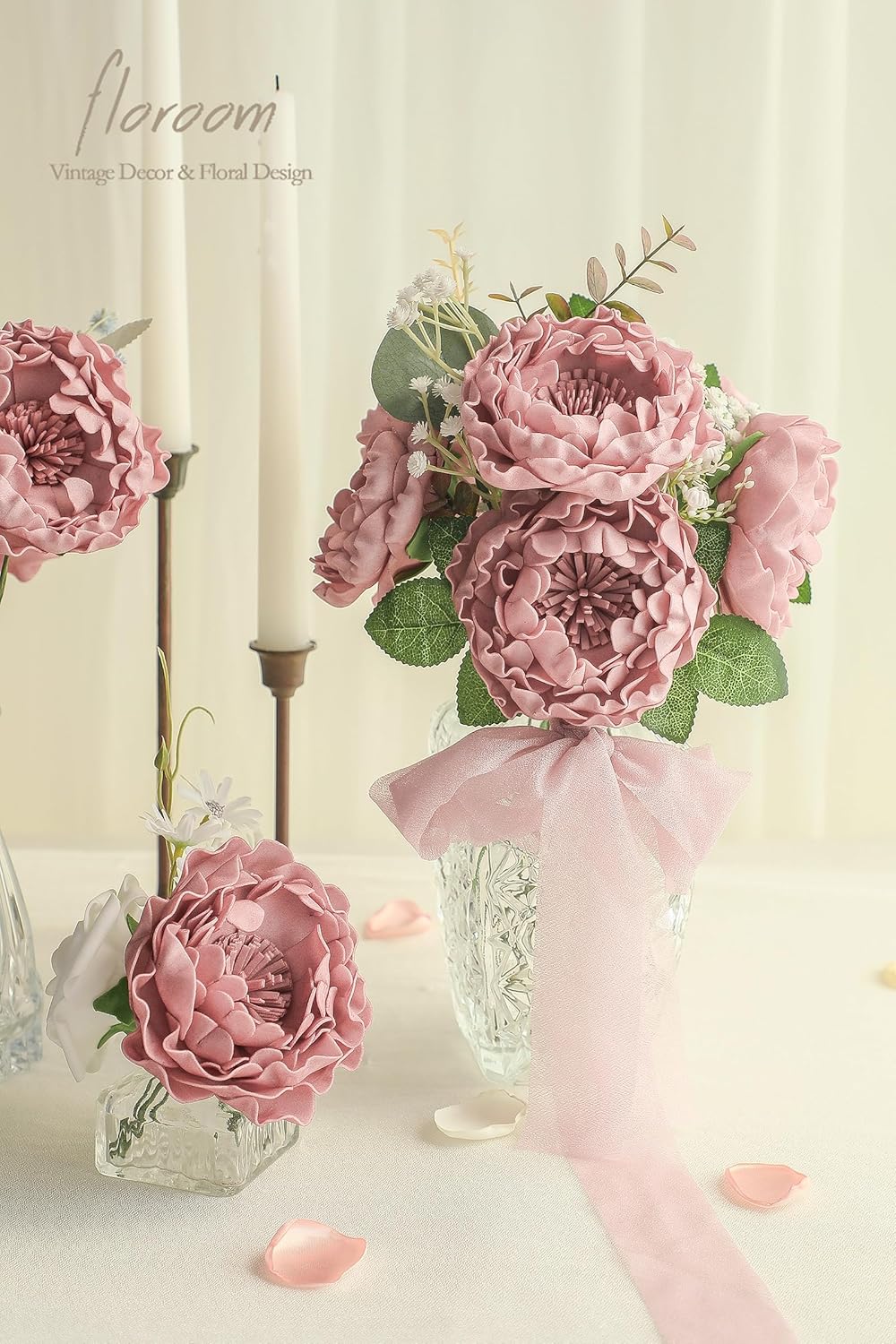 Floroom Artificial Flowers 16pcs 4" Dusty Rose Blooming Peonies Real Looking Foam Fake Peony with Stems for DIY Wedding Bouquets Bridal Shower Centerpieces Floral Arrangements Party Tables Decorations