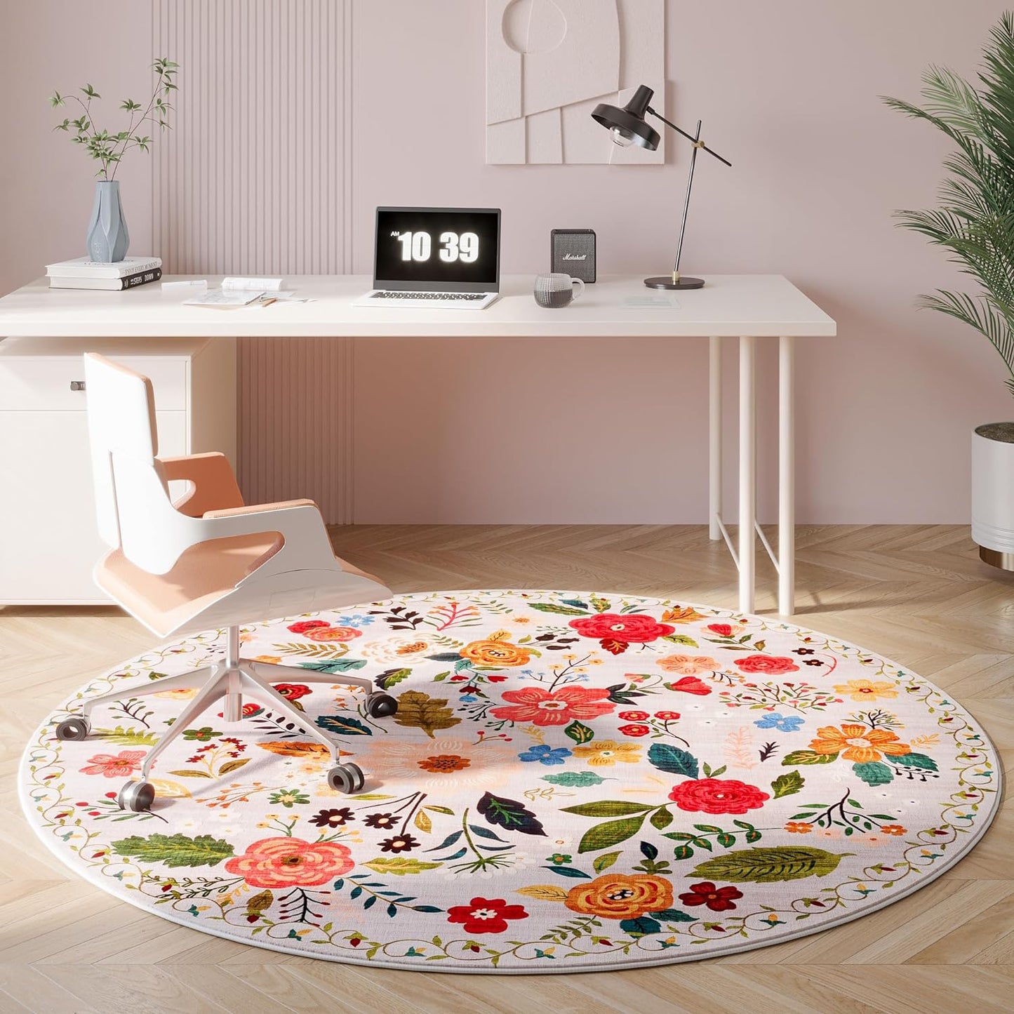 Rugcomf Round Rug 4ft Washable Circle Rug Non Slip Low Pile Boho Floral Small Circular Rug for Bedroom, Bathroom, Entryway, Kids Room, Office, College Dorm(Beige)