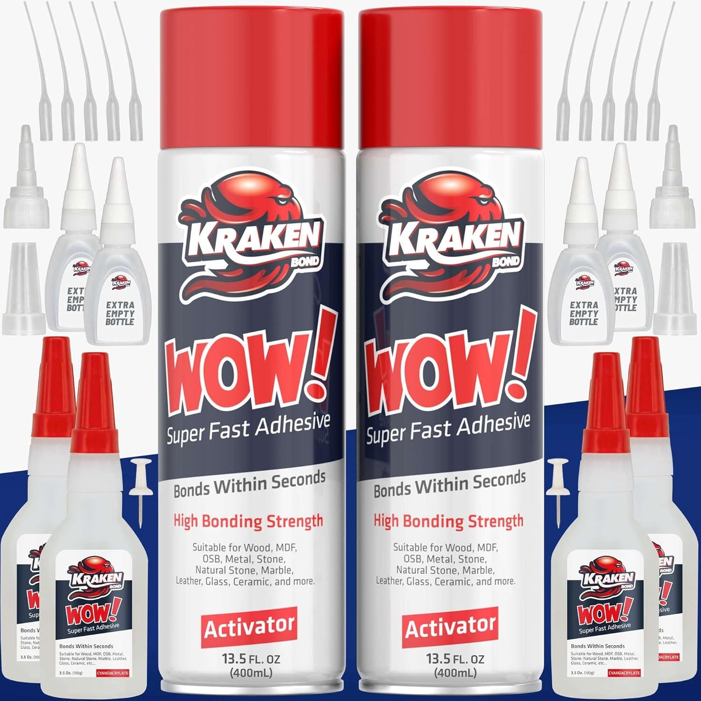 Kraken Bond Wow! CA Glue Set (4x3.5 oz) with Activator (2x13.5 oz) –Super Fast Cyanoacrylate Adhesive Kit for Wood, Plastic, Ceramic, Craft -DIY Repair –4 X Ext. Bottles & 10X Nozzles Inc. 2 Pack