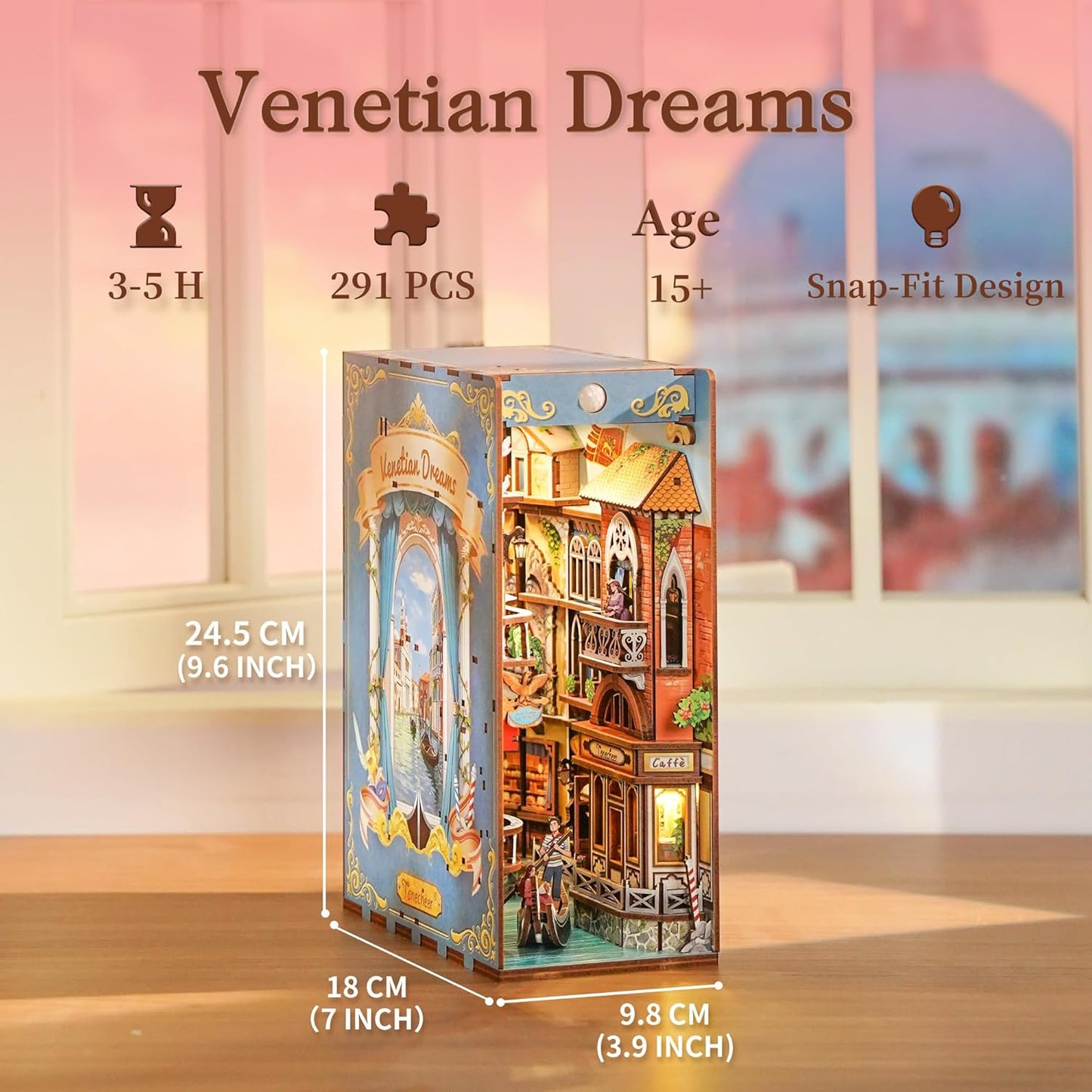 Tonecheer DIY Book Nook Kit for Adults, 3D Wooden Puzzle Bookend Miniature House Kit, Booknook Bookshelf Insert Decor with Dust Cover and LED Lights Gifts (Venetian Dreams)