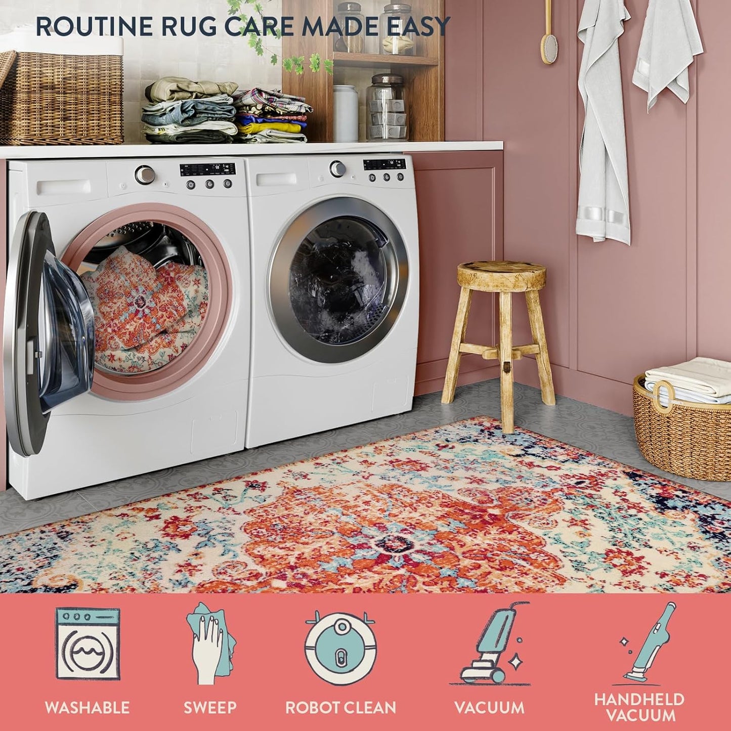 Lahome Bohemian Floral Medallion Area Rug - 2x3 Oriental Distressed Small Bath Rug Country Vintage Doormat Faux Wool Non-Slip Washable Low-Pile Carpet for Bathroom Kitchen Laundry Room Decor