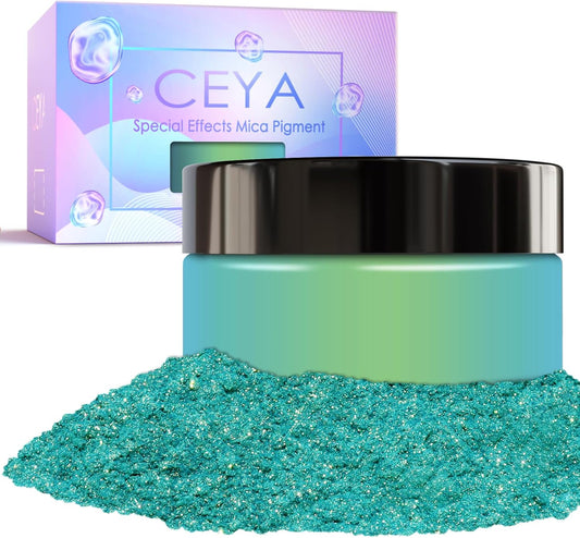 Ceya Highly Chameleon Mica Pigment, 1.8oz/ 50g Aurora Green Chrome Powder, Cosmetic Grade Pearlescent Effect Color Shift Pigment for Epoxy Resin, Makeup, Nail Polish, Soap Dye, Candle Making, Slime