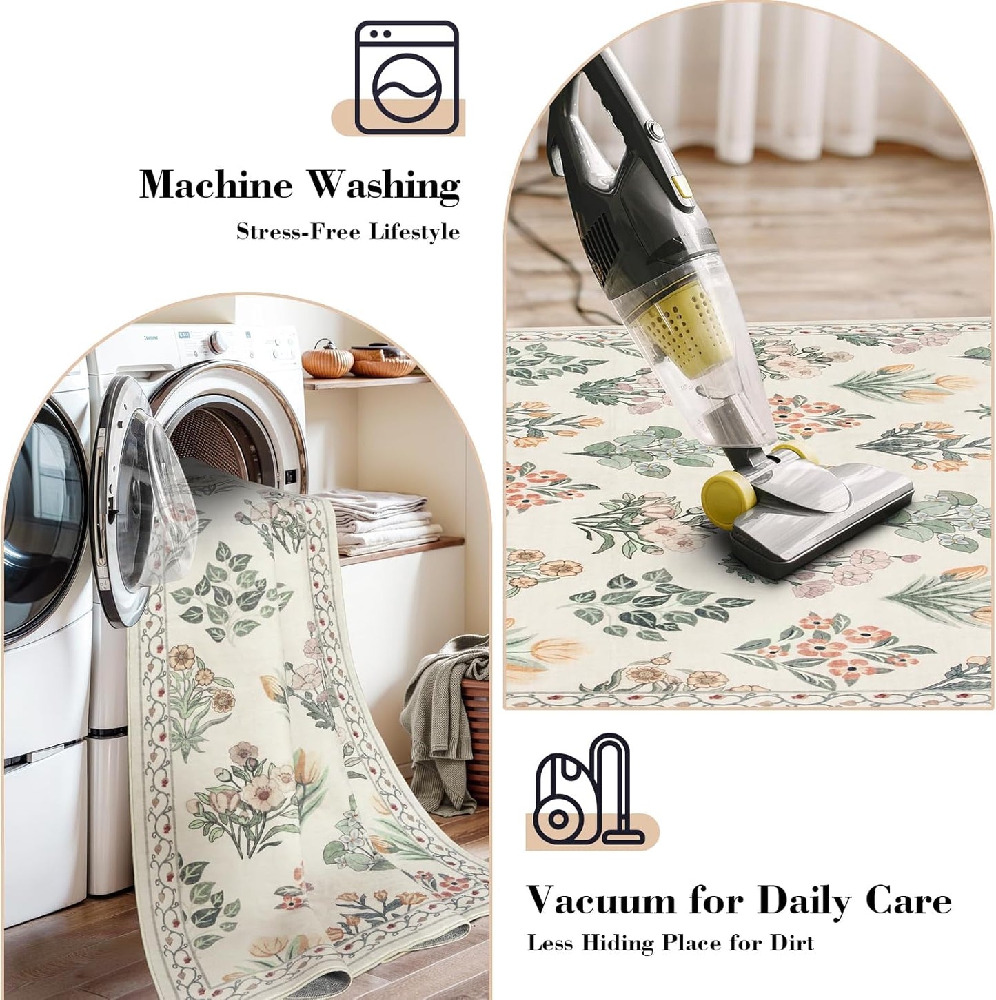 Wonnitar Floral Machine Washable 3x5 Rug, Small Area Rug for Kids Bedroom Nursery, Ultra-Thin Non Slip Soft Moroccan Throw Carpet for Dorm Living Room Large Entryway, Cream Beige