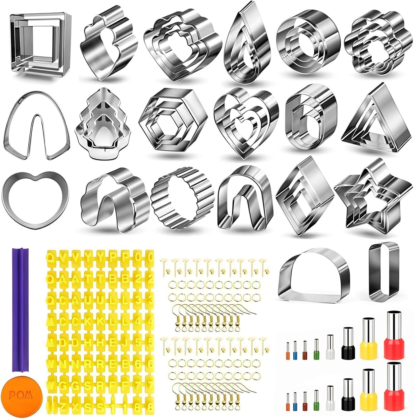 Polymer Clay Cutters for Earring Making 181pcs Clay Tools Set with 44 Shapes Stainless Steel Clay Earrings Cutters 16 Circle Shape Cutters 1 Clay Letter Stamp 120 Jewelry Accessories
