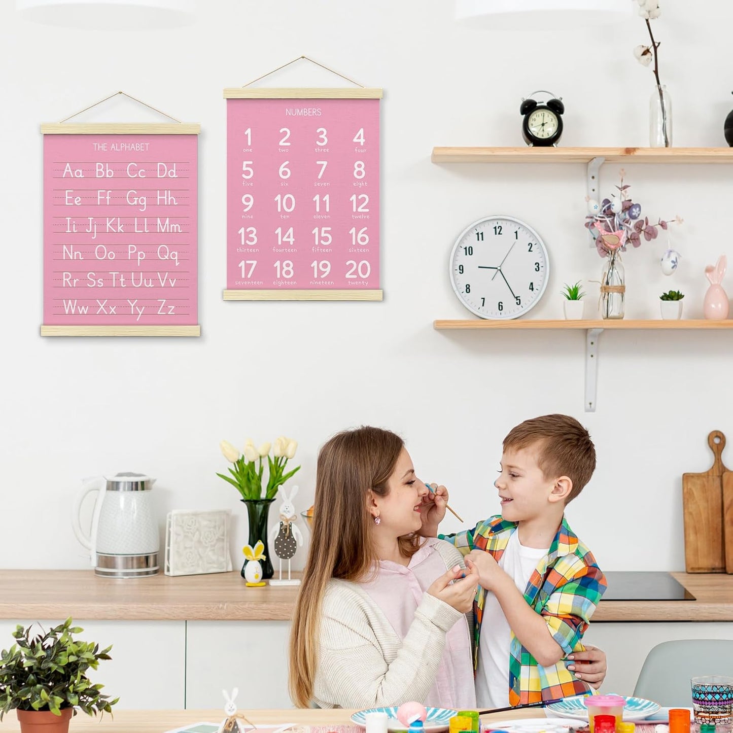 BONETAT Numbers alphabet poster for Nursery Toddlers,Correct Letter Formation on Line Paper, Play Room Wall Decor,ABC Wall Chart,Preschool Homeschool Decor Kids Wall Decor,Wooden Alphabet Banner-A08