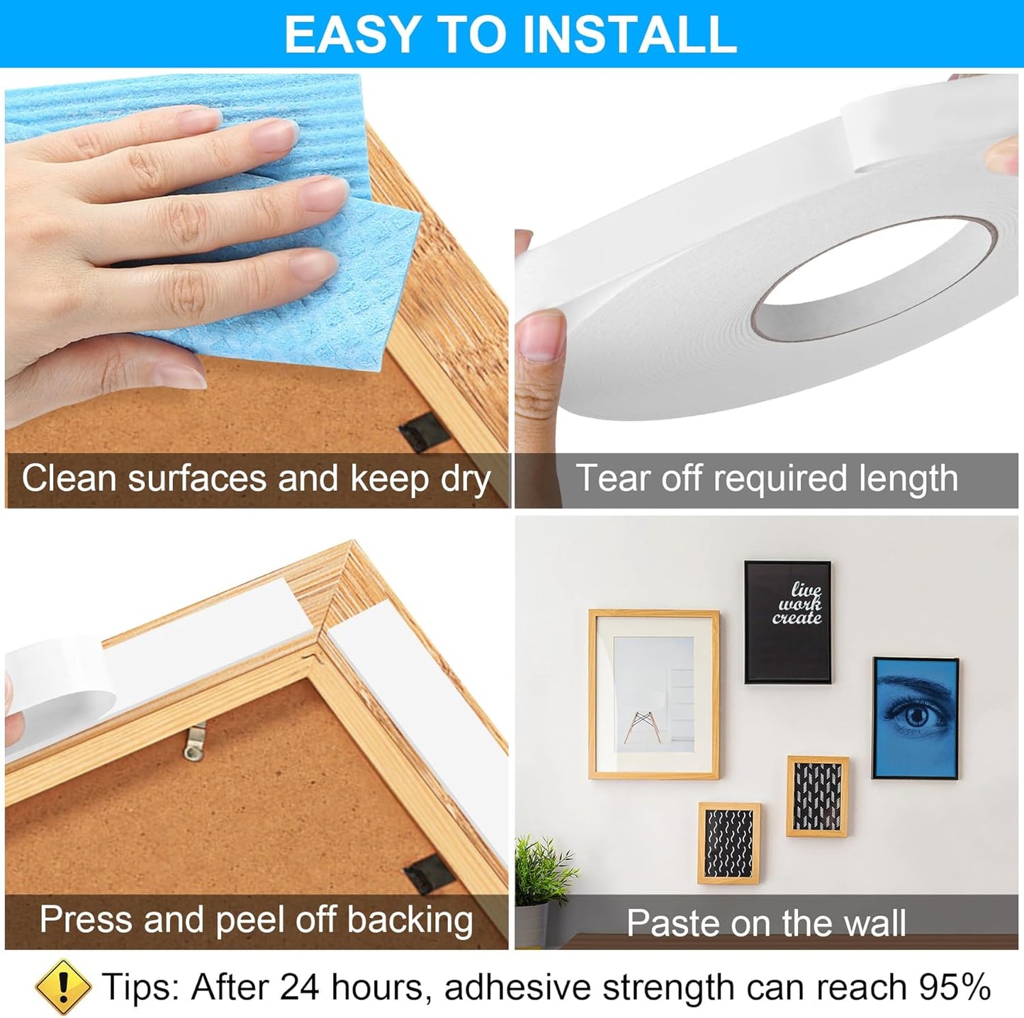 Double Sided Foam Tape 0.39In x 16.5FT, Mounting Tape Heavy Duty, Strong Adhesive Weatherproof Seal Strips for DIY Craft Picture Poster, Car & Gap Filling Mountings, Home Office Decor (White)