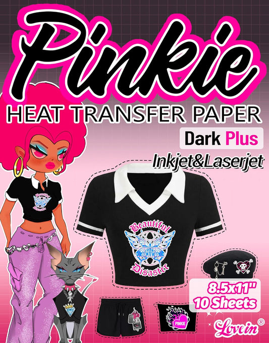 Lovein-Pinkie Heat Transfer Paper for Laser & Inkjet Printer (10 Sheets 8.5x11", Dark Plus) Printable Iron on Transfer Paper for Dark Fabric, Printable Heat Transfer Vinyl for T Shirts