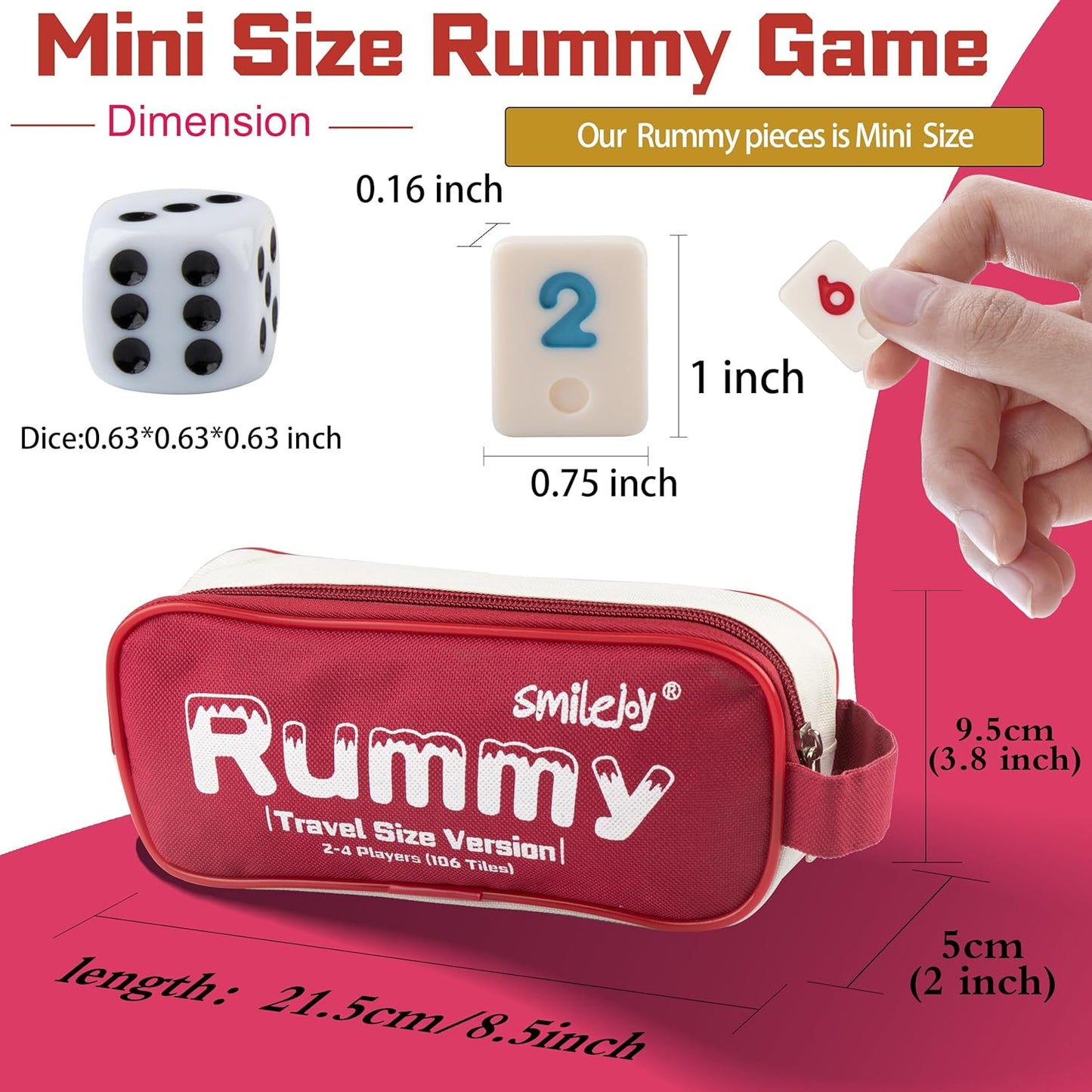 Smilejoy Mini Rummy Cube 4 Players Edition,Travel Rummy Game Set with Portable Canvas Bag,Classic Board Game for Adults and Kids |106 Tiles | 4 Playing Racks |1 Dice | (2-4 Player) ﻿