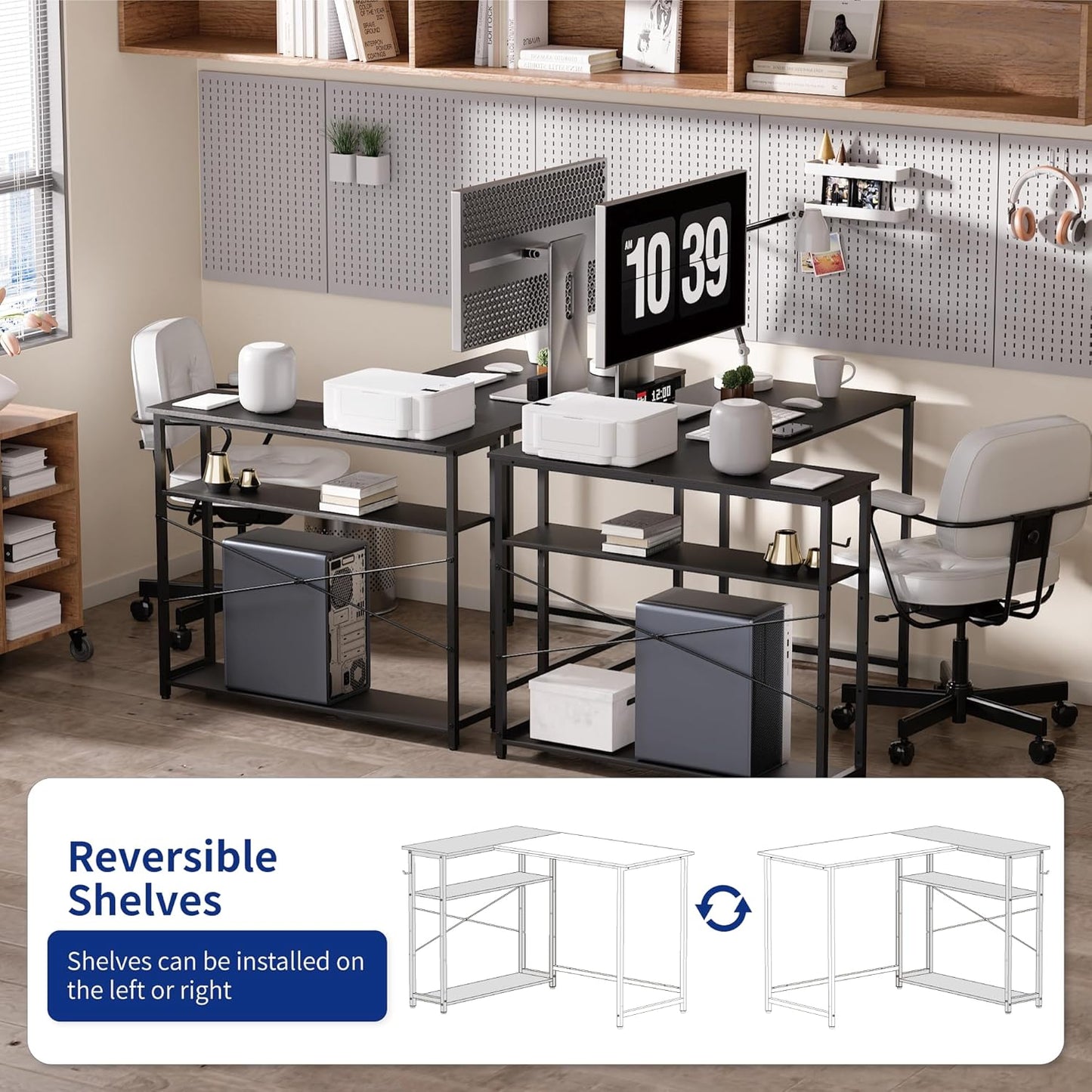 Pamray 43 Inch L Shaped Computer Desk with Reversible Side Storage Shelves, Small Corner Desk for Small Space Home Office,Writing Study Table Gaming PC Desk for Bedroom,Black