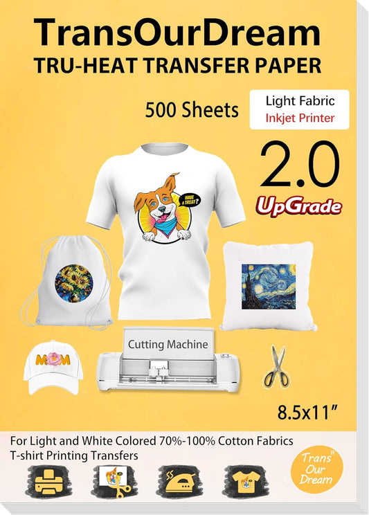 TransOurDream Heat Iron on Transfer Paper for Light T Shirts (500 Sheets, 8.5x11", 2.0) Printable HTV Heat Transfers Vinyl for Inkjet Printer, Iron on Transfers for Light Fabric