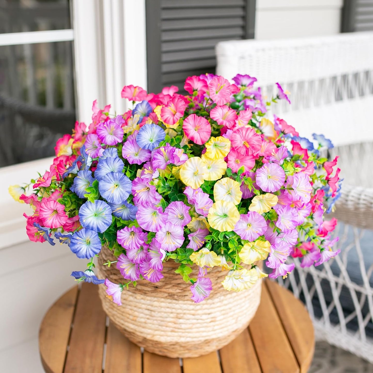 Artificial Flowers Fake Plants for Outdoors Decoration, 12 Bundles Silk Morning Glory with Eucalyptus Realistic UV Resistant Faux Flowers for Outside Planter Porch Yard Patio Garden Home Indoor, Mix