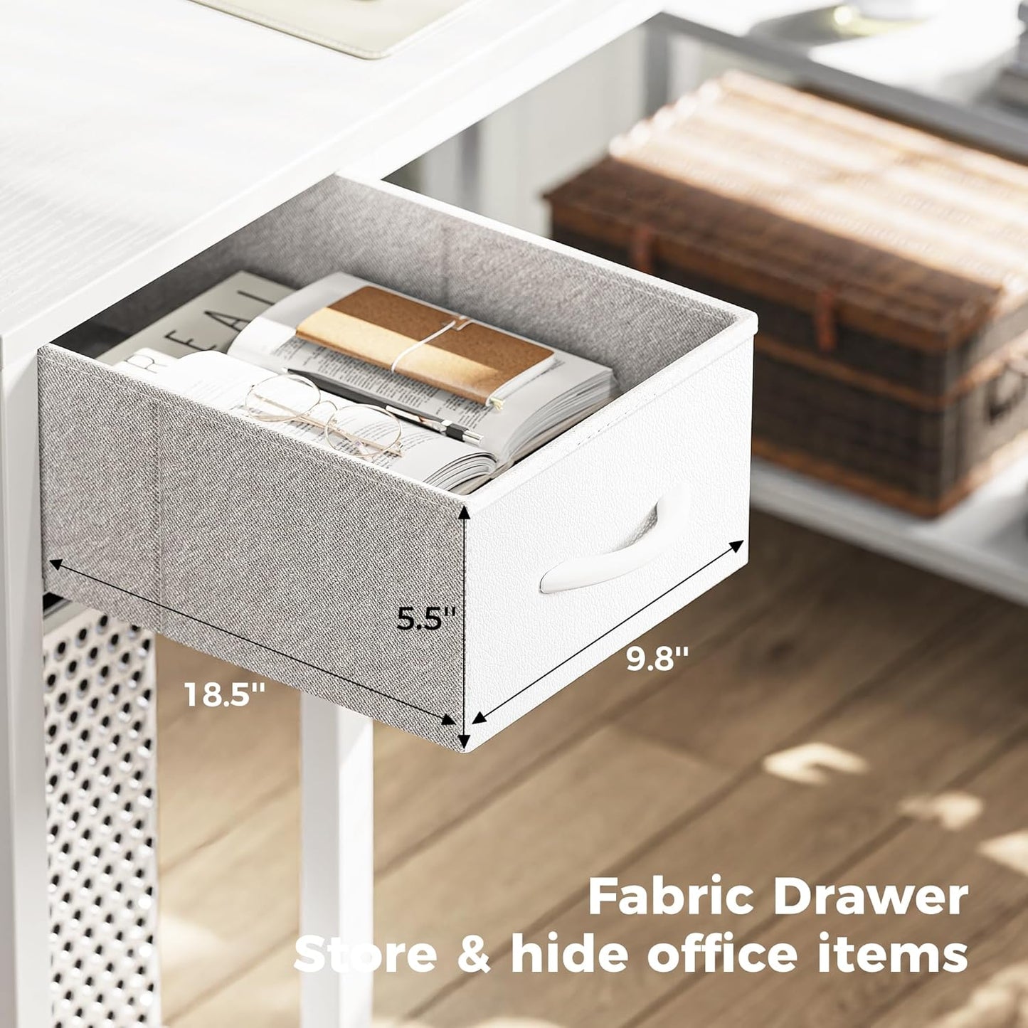 SUPERJARE 47 inch Reversible L Shaped Desk with LED Lights & Power Outlets, Computer Desk with Shelves & Monitor Stand, Gaming Desk with Drawer, Home Office Desk Corner Desk, PU White Drawer