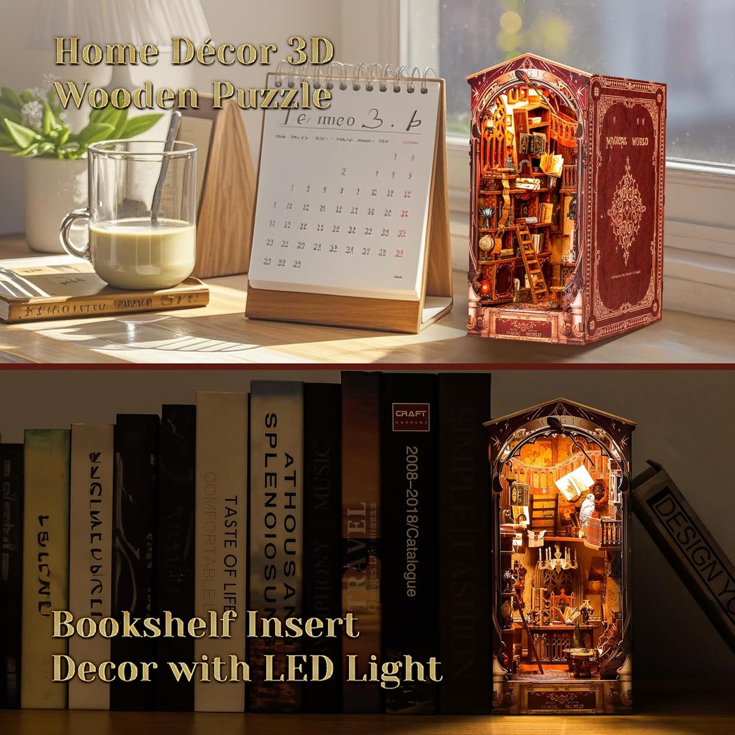 3D Wood Puzzle Book Nook Kit, DIY Magical Miniature Dollhouse with LED Light, Magic World Bookshelf Insert Bookend for Display, 3D Puzzle Craft Set for Adults (Magic World)