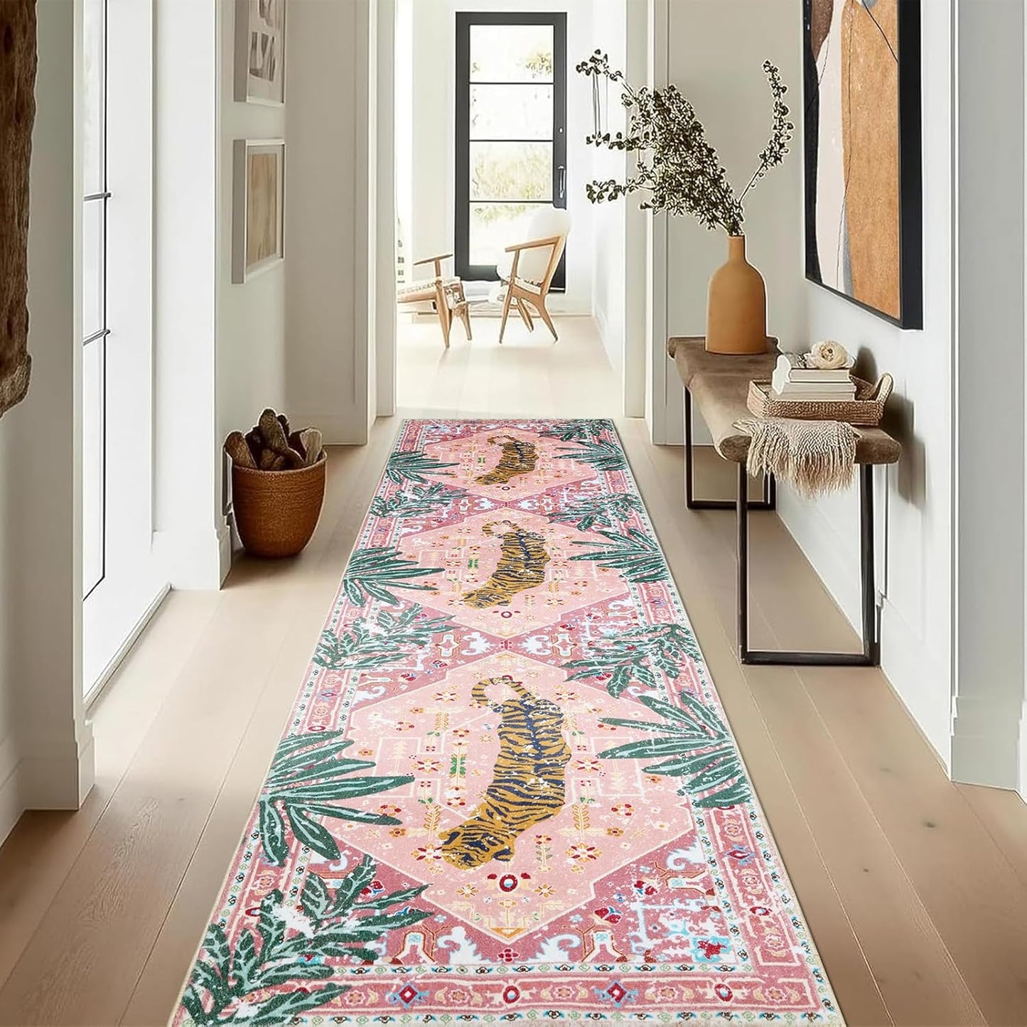 Oriental Tropical Kitchen Runner Rug 2x5 Washable, Thin Stain Resistant Pink Boho Bathroom Runner Rug for Hallway Entryway Bedroom Laundry, Vintage Abstract Hippie Botanical Long Carpet