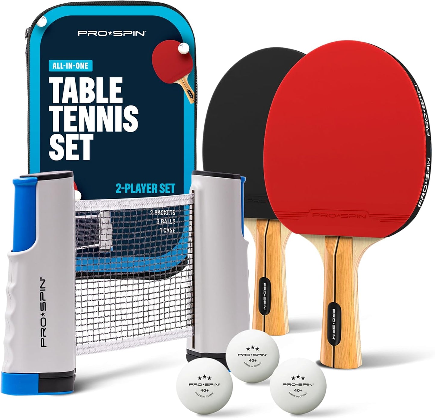 PRO SPIN All-in-One Ping Pong Set - Retractable Ping Pong Net for Any Table (72"), Ping Pong Paddles and Balls, Storage Case - Portable Table Tennis Family Games, Gifts for Boys & Girls