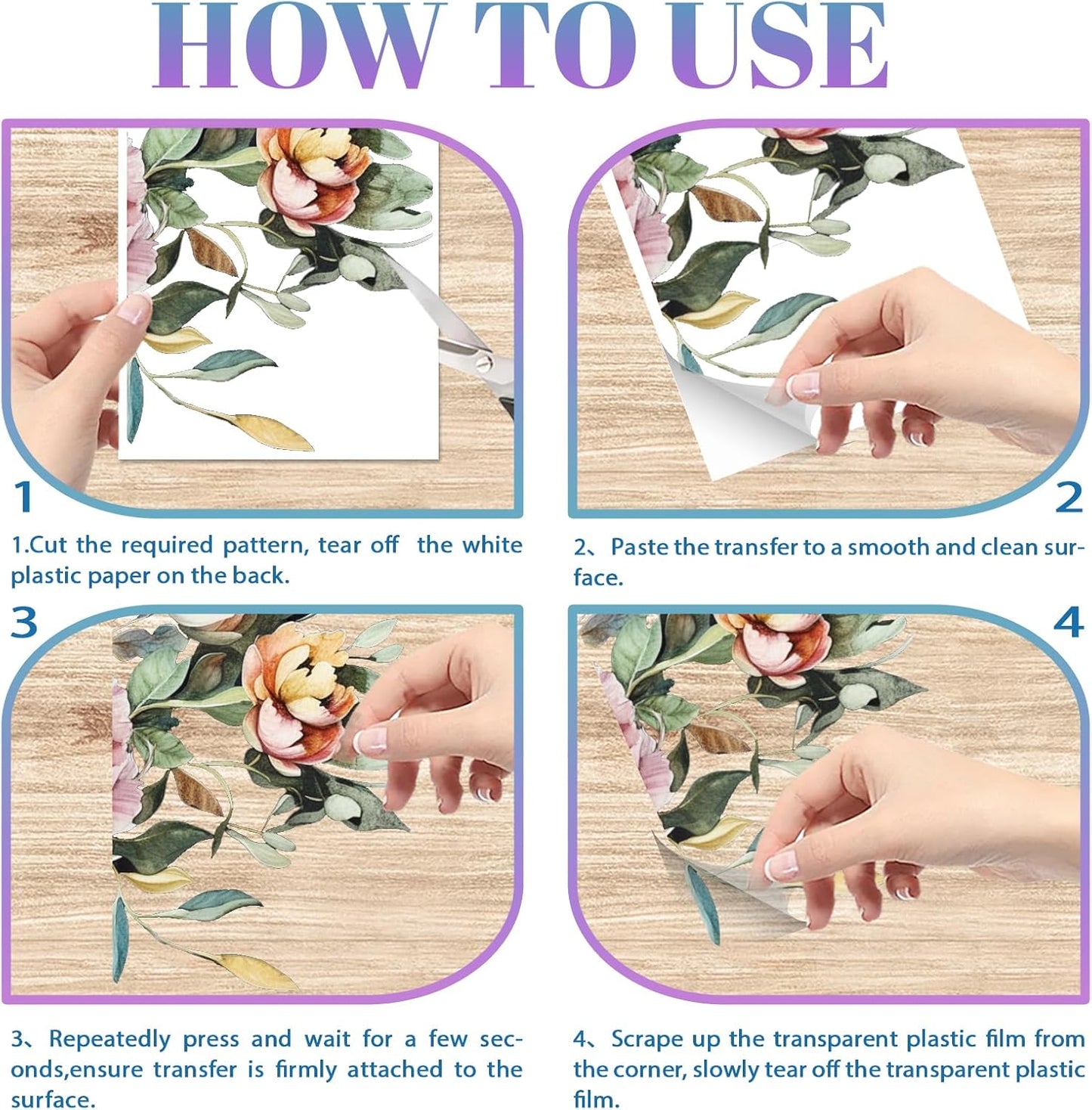 GLOBLELAND 4 Sheets Spring Peony Flowers Furniture Transfer 11.8x5.9inch Vintage Flowers Rub on Transfer UV Self-Adhesive Stickers Wall Art Craft for Bedroom Living Room Desk Table