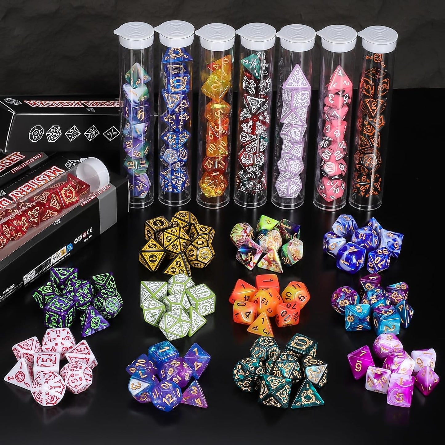 QMAY Mystery Dice Box - 48PCS DND Dice Set, Random Dice Patterns, 6 Surprise Boxes, Polyhedral Dice with Dice Display Tube, D&D Gifts Box for Dungeons and Dragons, RPG, MTG,Role Playing Table Game
