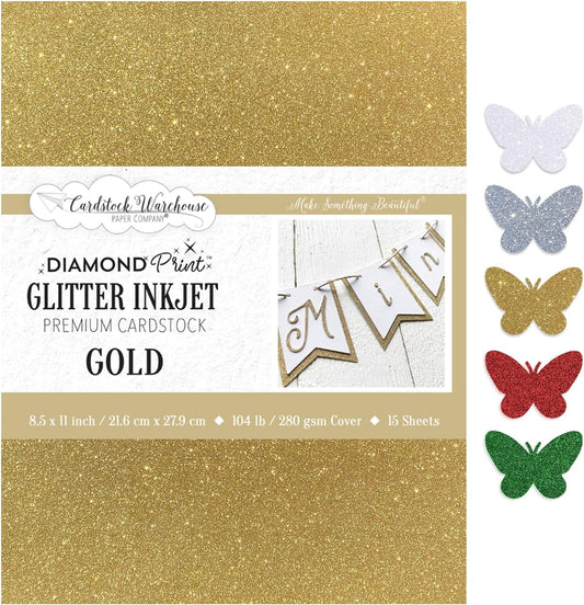 Cardstock Warehouse Diamond Print Inkjet Glitter - Premium Gold Glitter Cardstock Paper – 15 Sheets, 8.5 x 11" - 104 lb/280 GSM for Inkjet Printing, Die-Cutting, Card Making, Crafts, and DIY Projects