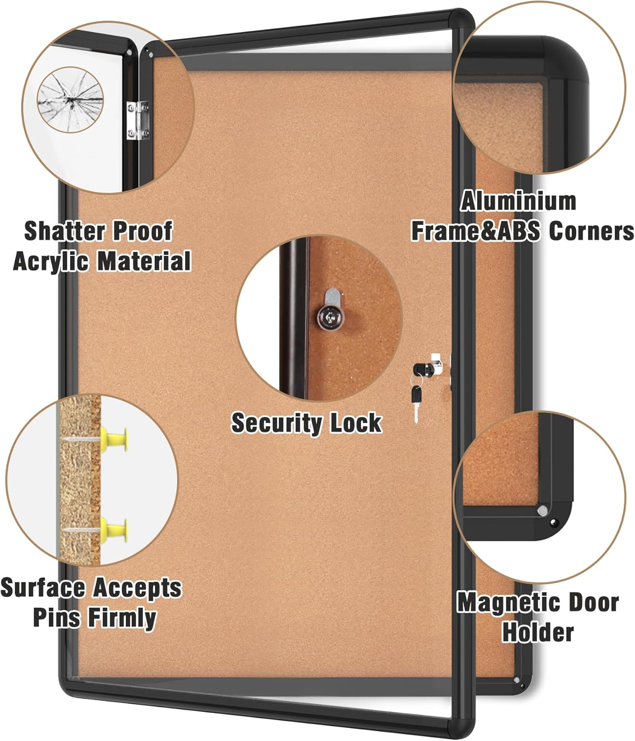 38"x28" Enclosed Bulletin Board, Lockable Weather-Resistant Aluminum Cork Noticeboard for School & Office, Black Frame w/Cork