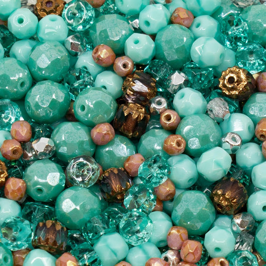 0.9 oz (25g) Gentle Mix of Faceted Fire Polished Czech Glass Beads (Round, Rondelle etc) 4-9mm, Teal Turquoise