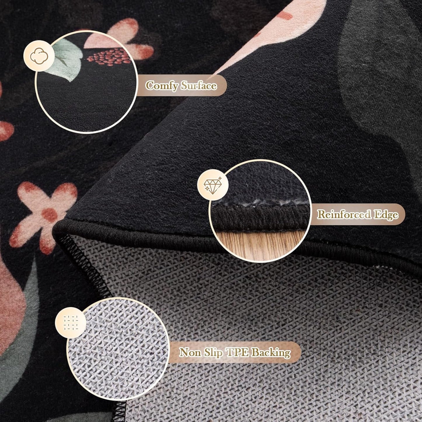 Beeiva 6x9 Rug for Living Room - Scalloped Floral Printed Bedroom Rug Machine Washable Area Rug Soft Area Rug Boho Ultra-Thin Stain Resistant Aesthetic Carpet for Playroom Dorm Office(Black,6x9ft)