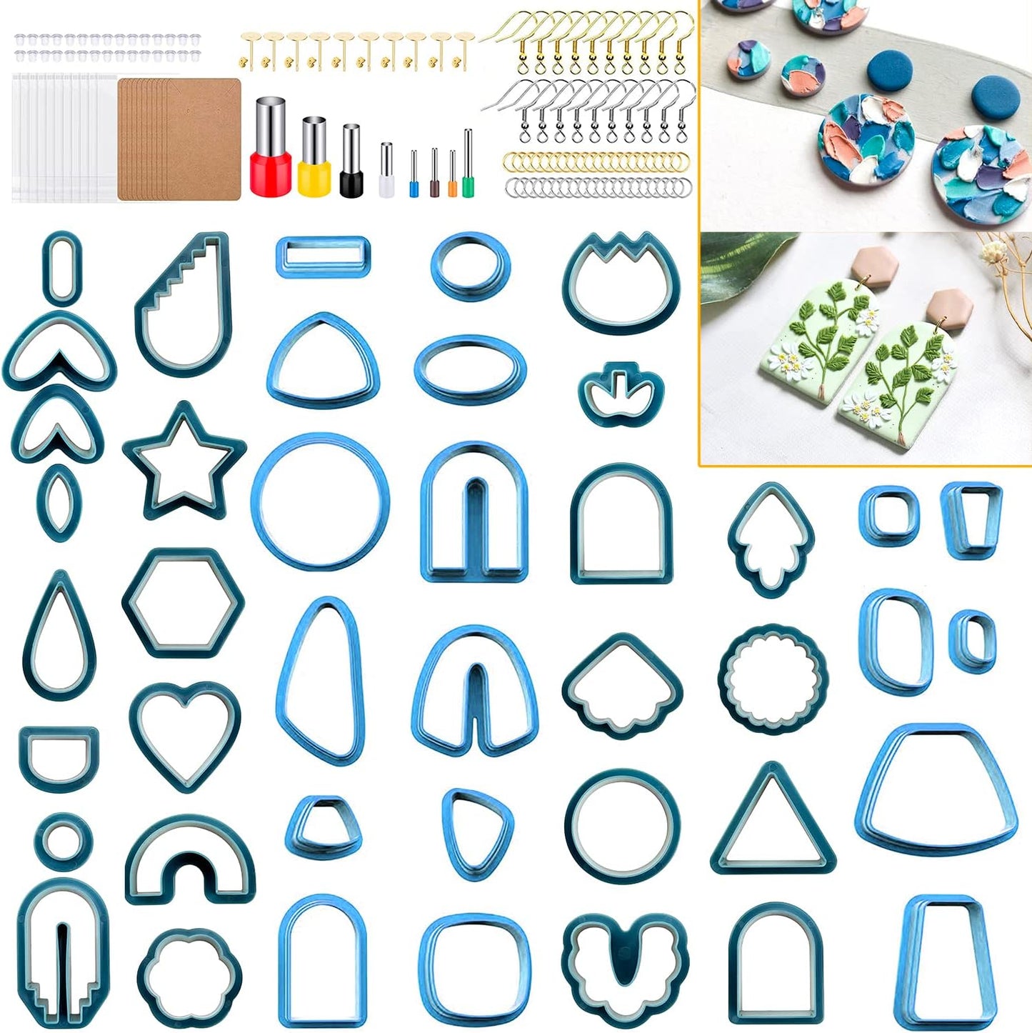 PTFJZ Polymer Clay Cutters for Earring Making - 160pcs Clay Tools Set with Earrings Accessories, 42+8pcs Different Shape Plastic Clay Cutters (Style B-Blue)