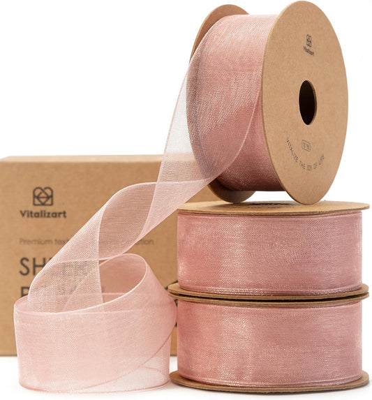 Vitalizart Rose Gold Ribbon Organza Sheer Ribbon 1 inch x 30Yd Handmade Fabric Light Pink Ribbons for Gift Wrapping Christmas Tree Crafts Bows Wedding Invitations Wreaths Wrap