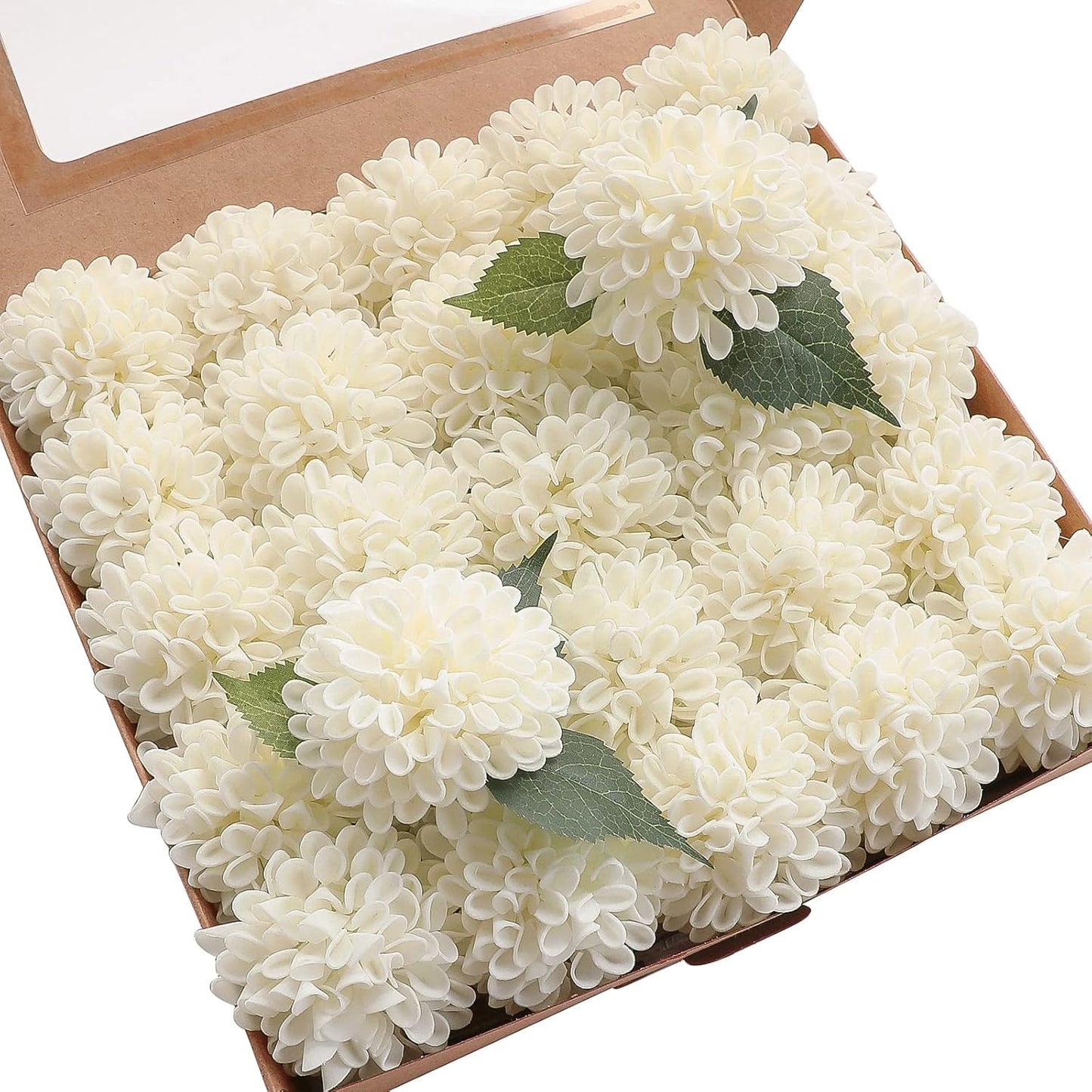 Floroom Artificial Dahlia Flowers 25pcs Real Looking Ivory Foam Fake Roses with Stems for DIY Wedding Bouquets White Bridal Shower Centerpieces Floral Arrangements Party Tables Home Decoration