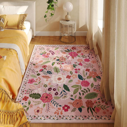 Rugcomf Bedroom Rug 3x5 Rug Washable Area Rug Non Slip Low Pile Boho Floral Small Carpet for Bedroom, Bedside, Kitchen, Entryway, Kids Room, Office, College Dorm Essentials for Girls(Pink)