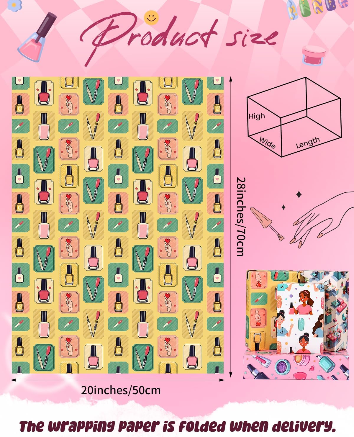 Pineraap 12 Sheets Nail Art Wrapping Paper, Manicure Gift Wrap Paper with Nails Polish Bottles & Salon Scenes, Folded Flat Paper for Nail Art Lovers Birthday DIY Crafts, 19.7 x 27.6 Inch
