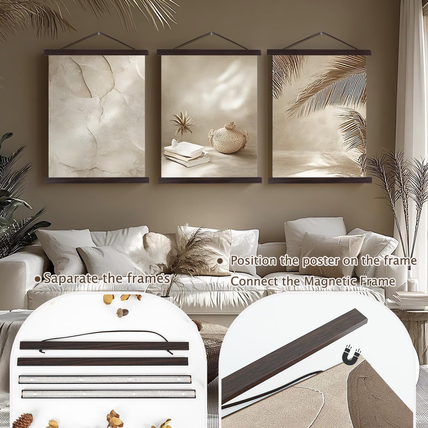 Artmag Magnetic Poster Hanger Frame, 8x10 8x12 8x24 Light Wood Wooden Magnet Canvas Artwork Print Poster Hangers Frames Hanging Kit (Walnut, 8")