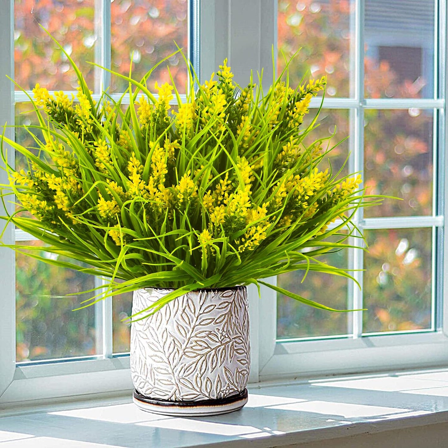 20 Bundles Artificial Plants Outdoor Fake Monkey Grass with Flowers (Yellow)