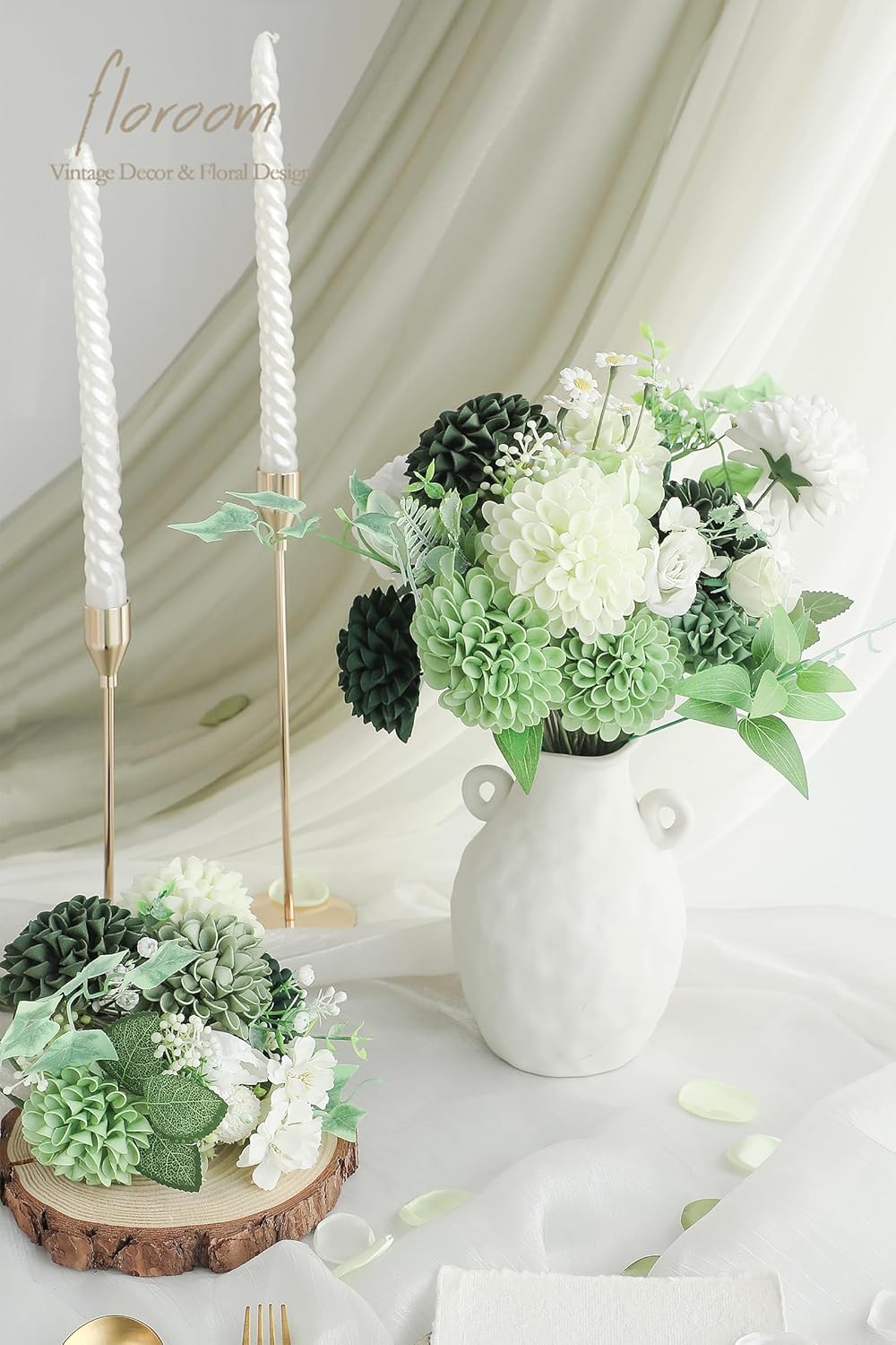 Floroom Artificial Dahlia Flowers 25pcs Real Looking Forest Green Shades Foam Fake Roses with Stems for DIY Wedding Bouquets Bridal Shower Centerpieces Sage Green Floral Arrangements Tables Decoration