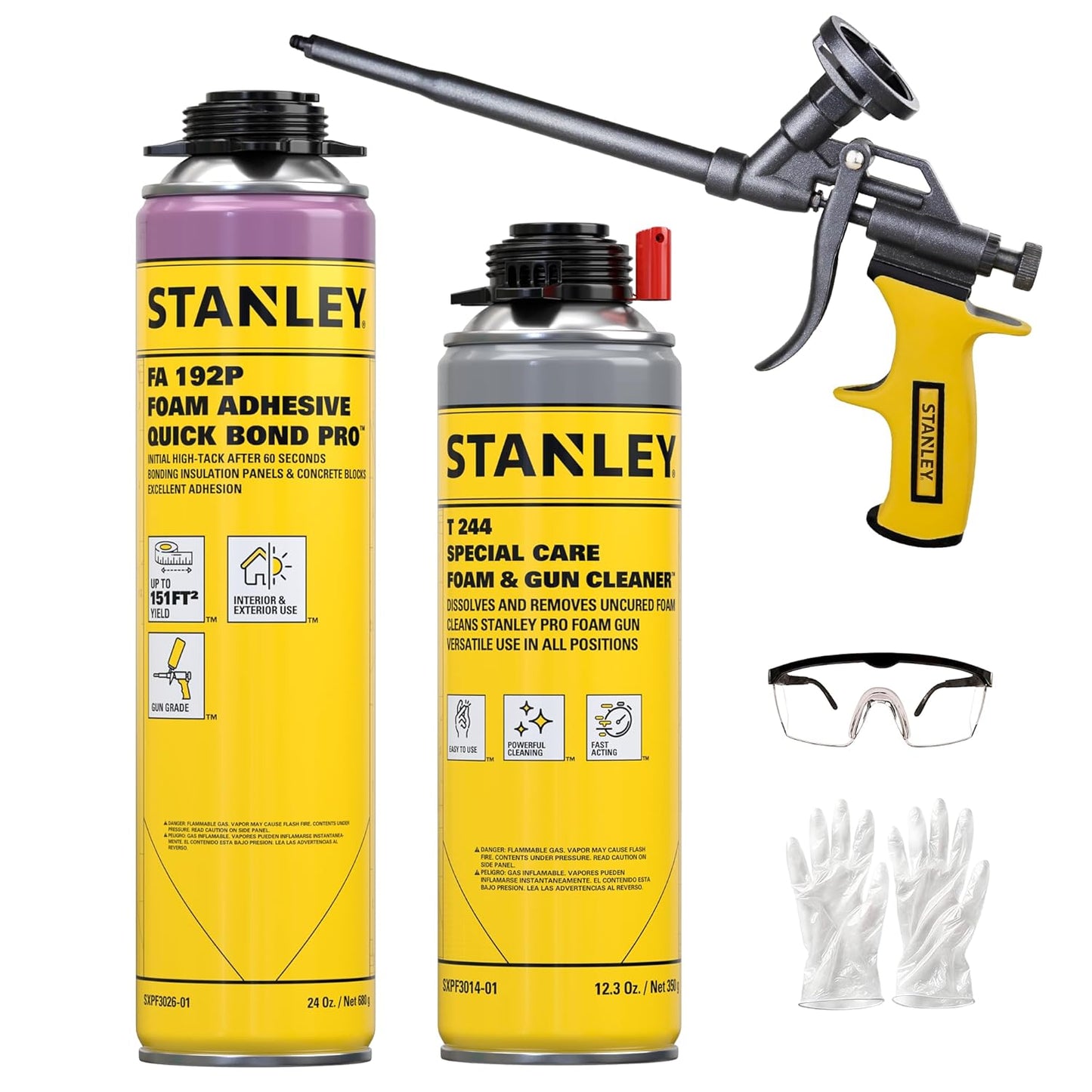 Stanley Quick Bond Adhesive Foam - 1x24oz, Reliable Bond Adhesive for Various Materials, Strong bonding, No Mixing, Gun Use, Including Gun, Cleaner | 1 Pack