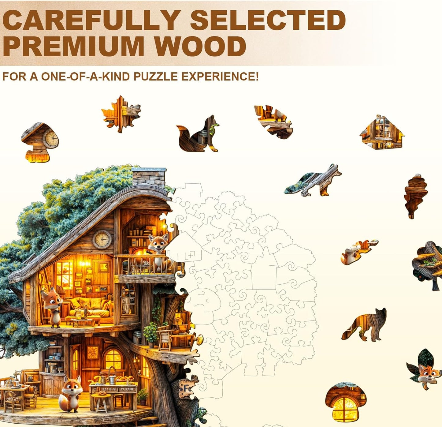 WOODBESTS Wooden Puzzles for Adults (100 Piece, S, 8.5 * 8.5in) Fox House Wood Puzzle Adult, Unique Wooden Animal Jigsaw Puzzles, Family Game and Birthday Gifts for Friend
