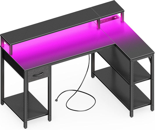 SUPERJARE 47 inch Reversible L Shaped Desk with LED Lights & Power Outlets, Computer Desk with Shelves & Monitor Stand, Gaming Desk with Drawer, Home Office Desk Corner Desk, Carbon Fiber Black